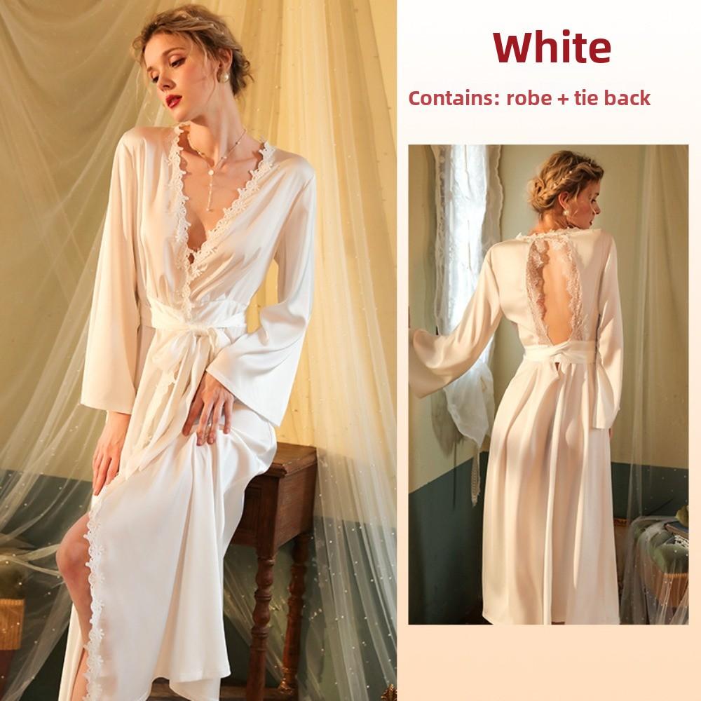 

Sexy Nightgown Long Bathrobe Sexy Pajamas Women s Long-sleeved Halter Women s Satin Loungewear L білий