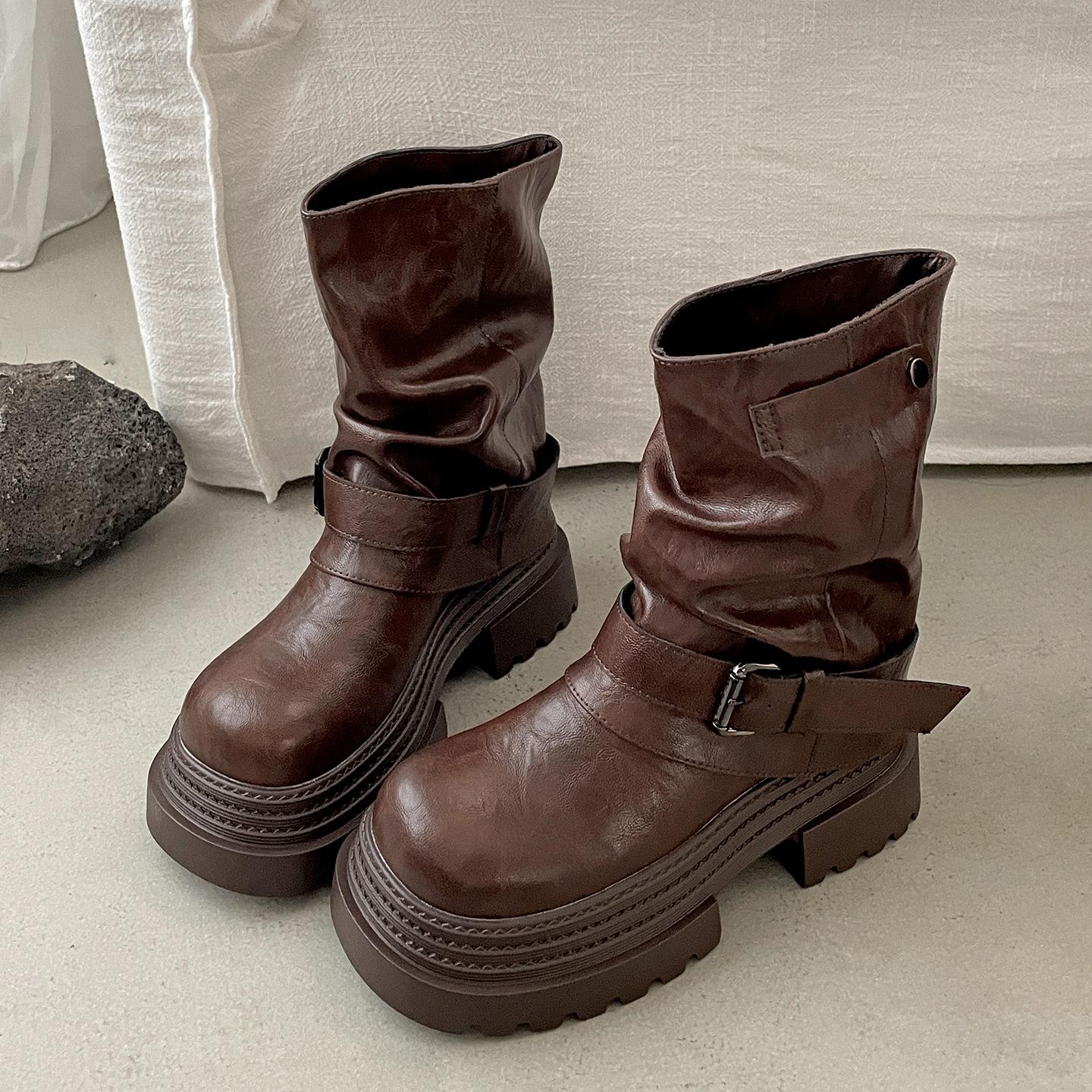 

Черные британские стильные ботинки Мартин на высокой платформе для маленького роста, женские, новая летняя коллекция 2025, ретро, полусапожки 39 коричневый