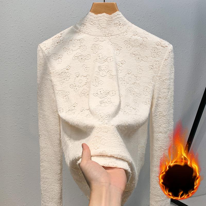 Halbrollkragen-Basisshirt für Damen Neues Damen-Spitzen-Spitzenhemd mit Samt-Dickem Oberteil