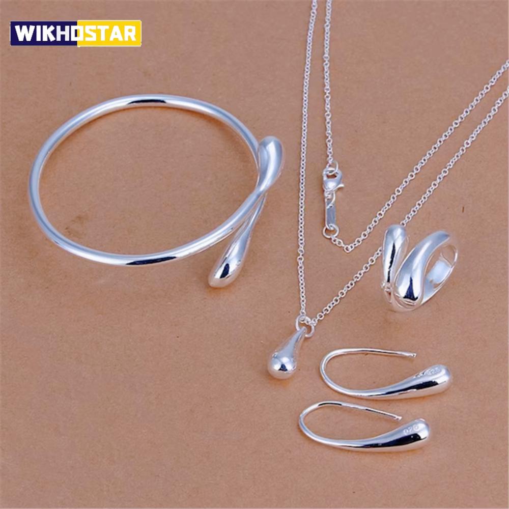 Charms 925 Sterling Silver Water Drop Pendant Bangle Bracelet Necklace Earring Ring for Women Fashion Party Jewelry Set