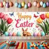Happy Easter Banner Bunny Ears With Colorful Eggs Butterflies Backdrop Decorations Spring Celebration Background Party Supplies