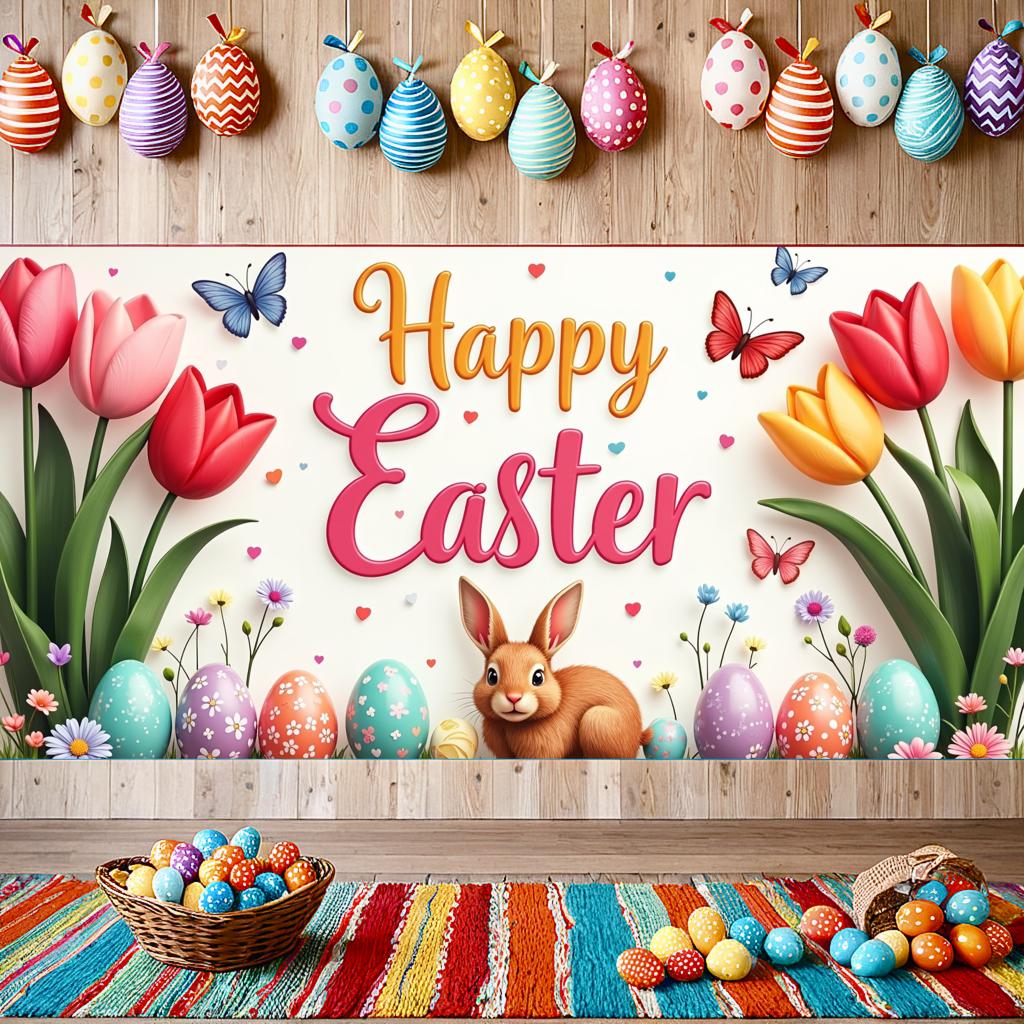 Happy Easter Banner Bunny Ears With Colorful Eggs Butterflies Backdrop Decorations Spring Celebration Background Party Supplies