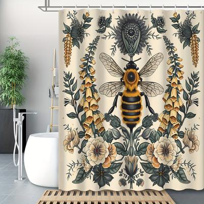 Bees and Retro Flower Shower Curtain - Plant Bath Decoration, Suitable for Those Who Love Nature Inspired Design