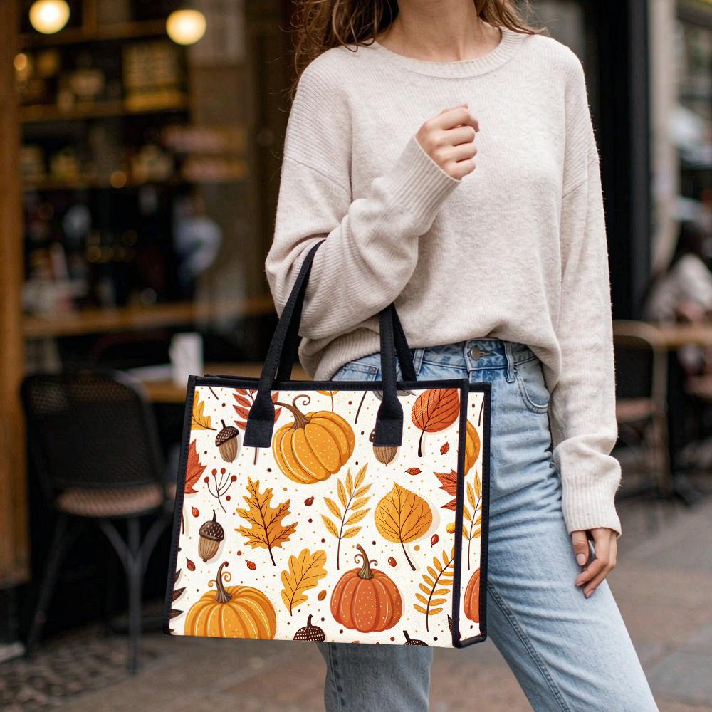 Autumn Pumpkin Leaf Pattern Tote Bag Casual Fashion Daily Shoulder Handbag for Women Lightweight Portable Shopping Grocery Bag Perfect for Fall Outdoo