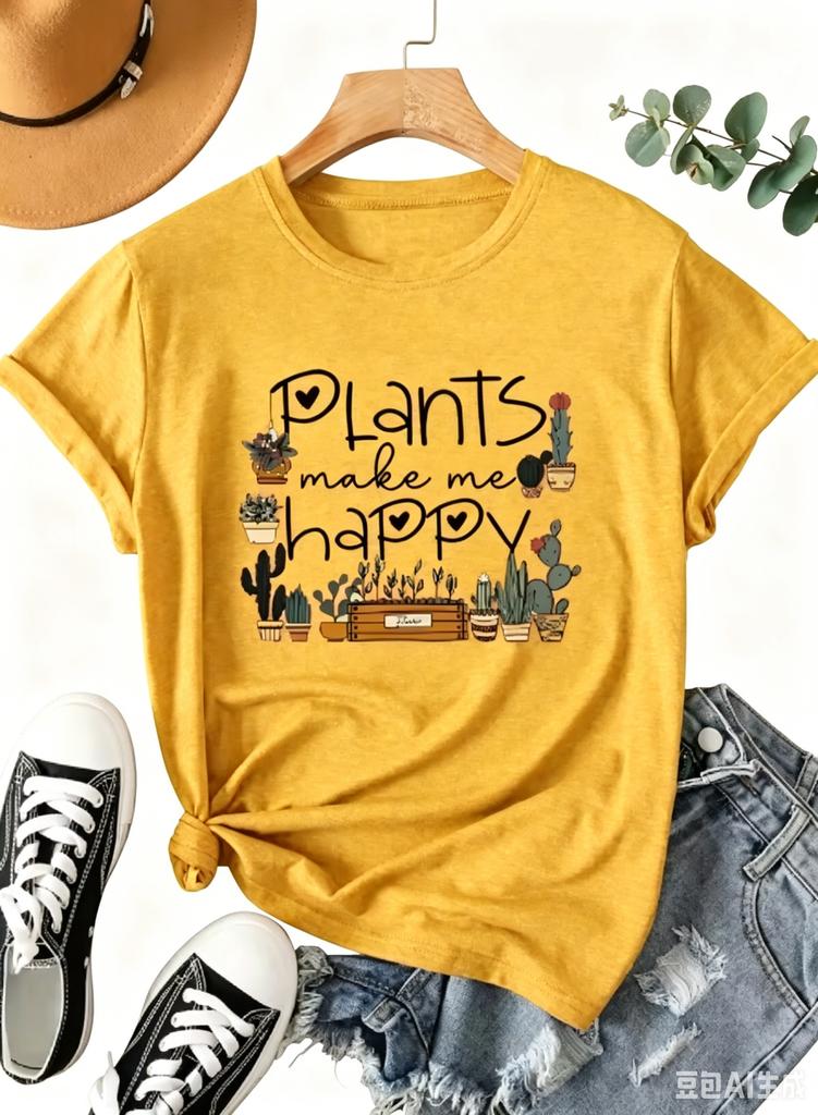 Plants Make Me Happy Unisexs Tee Cute Plant Lover Graphic Casual Green Top