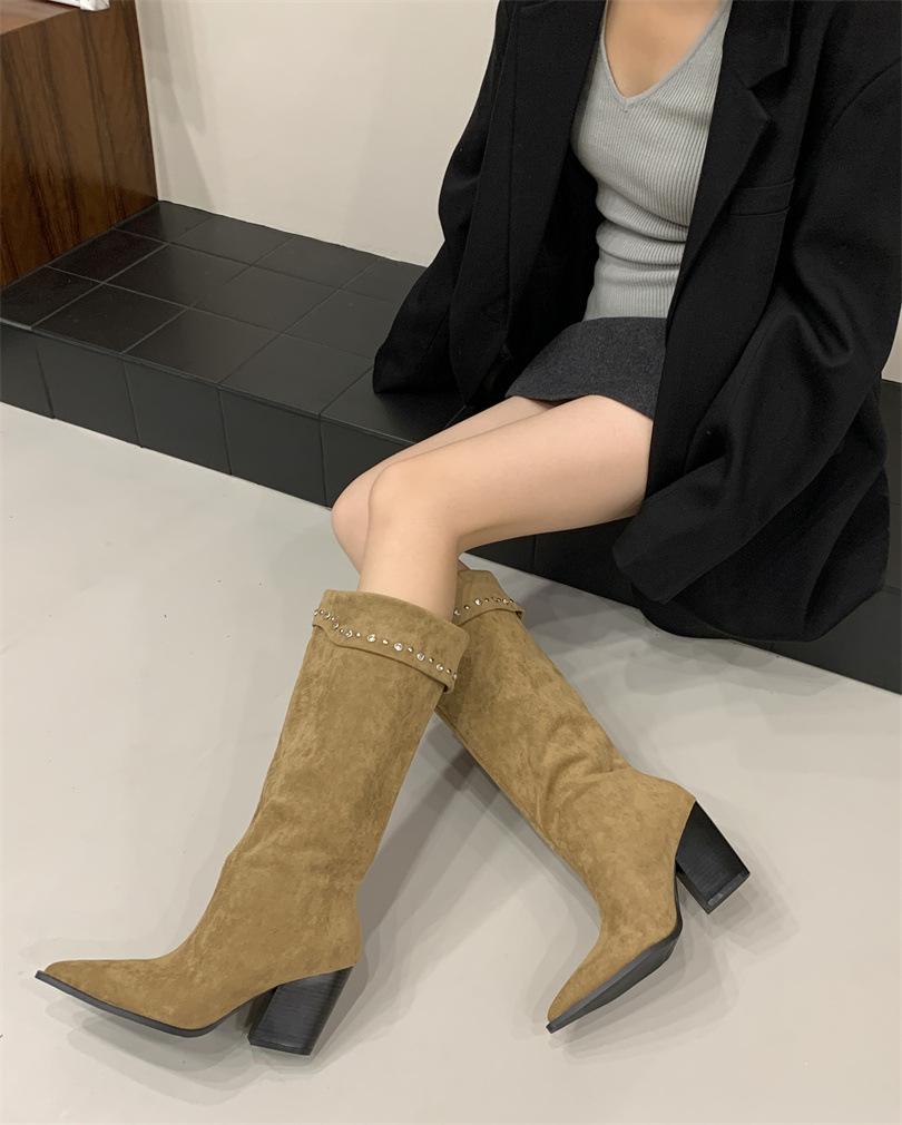 

French niche pointed toe heel pile boots western cowboy boots women s 2025 medium boots thin short boots 39 хакі