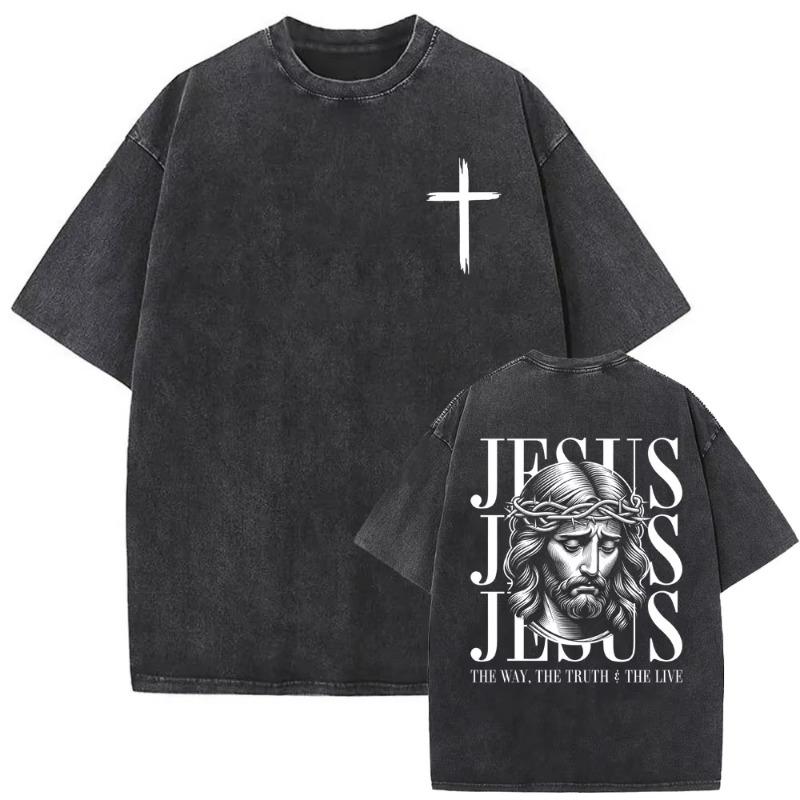 Christian Religious Series Jesus Vintage Washed T-shirt Men Women Gothic Rock Oversized Short Sleeve T Shirts Hip Hop Streetwear