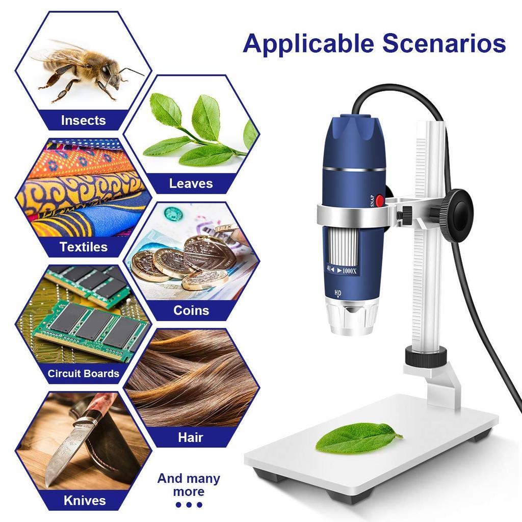 Jiusion HD 2MP USB Digital Microscope, 40x to 1000x Magnification, Portable Magnifying Endoscope Camera with 8 LEDs, Aluminum Alloy Stable Stand, OTG,