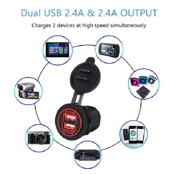 Red LED Dual Outlet Car Boat USB Charger Power Socket 2.4+2.4A w/ Cable 12/24V