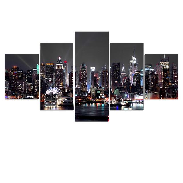 5 Pieces New York City Scenery Pictures Canvas Painting Prints Night View Poster Home Decor Wall Art for Living Room NO FRAME