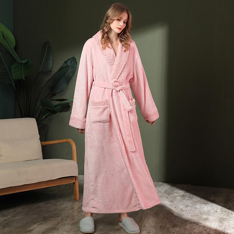 Women's & Men's Double-Sided Thick Coral Fleece Bathrobe - Long, Ankle-Length, Ideal for Autumn & Winter