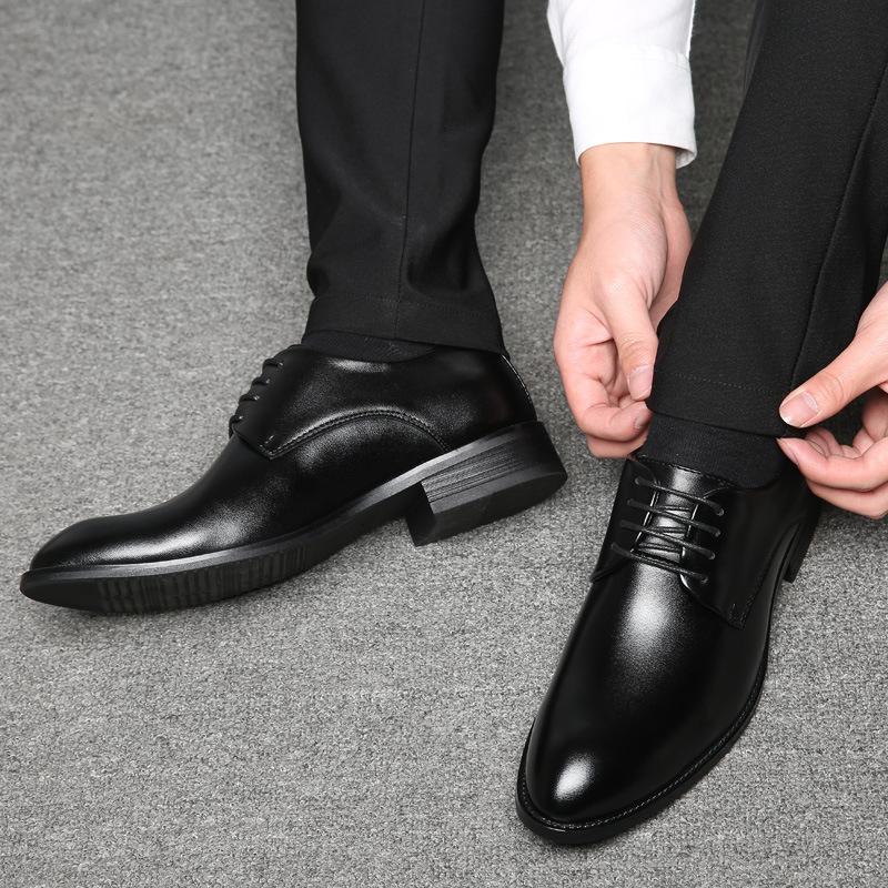 Mens Breathable Leather Dress Shoes Formal Business Footwear Pointed Toe Lace Up Flat Sole Groom Wedding Shoes Simple Leisure
