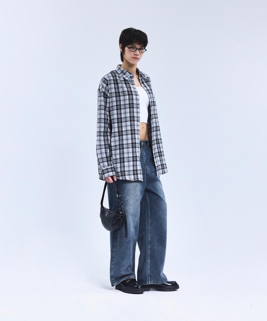 STANDARDERROR 87-Stan134 Soft Misty Oversized Pocket Long Sleeve Check Shirt Black