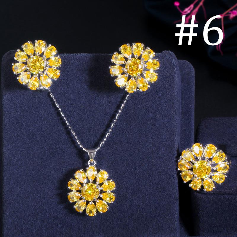 

WWJ 3 шт. изысканный Подсолнечник с кубическим цирконием кулон ожерелье серьги-гвоздики набор колец 6 жёлтый