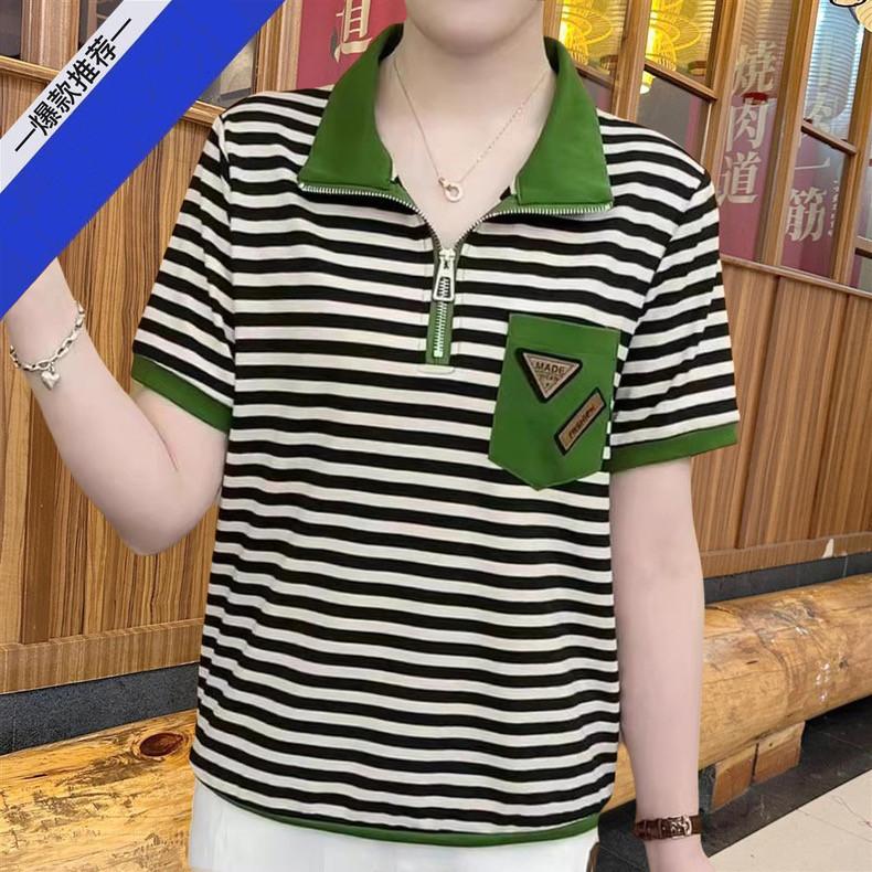 Letní dámský top středního věku na zip s klopou, pruhovaný, s krátkým rukávem, univerzální volné slim tričko jako základní vrstva