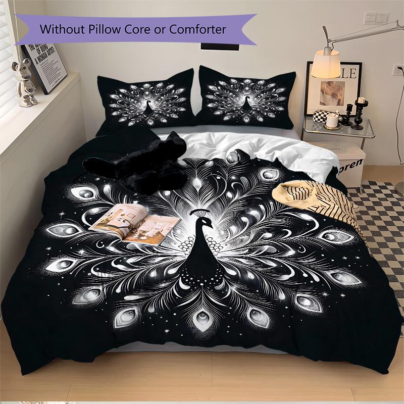 3pcs Radiant Peacock Print Bedding Set (1 Cover + 2 Pillowcases, Without Inserts), This Printed Bedding Set Is Soft and Comfortable, Suitable for