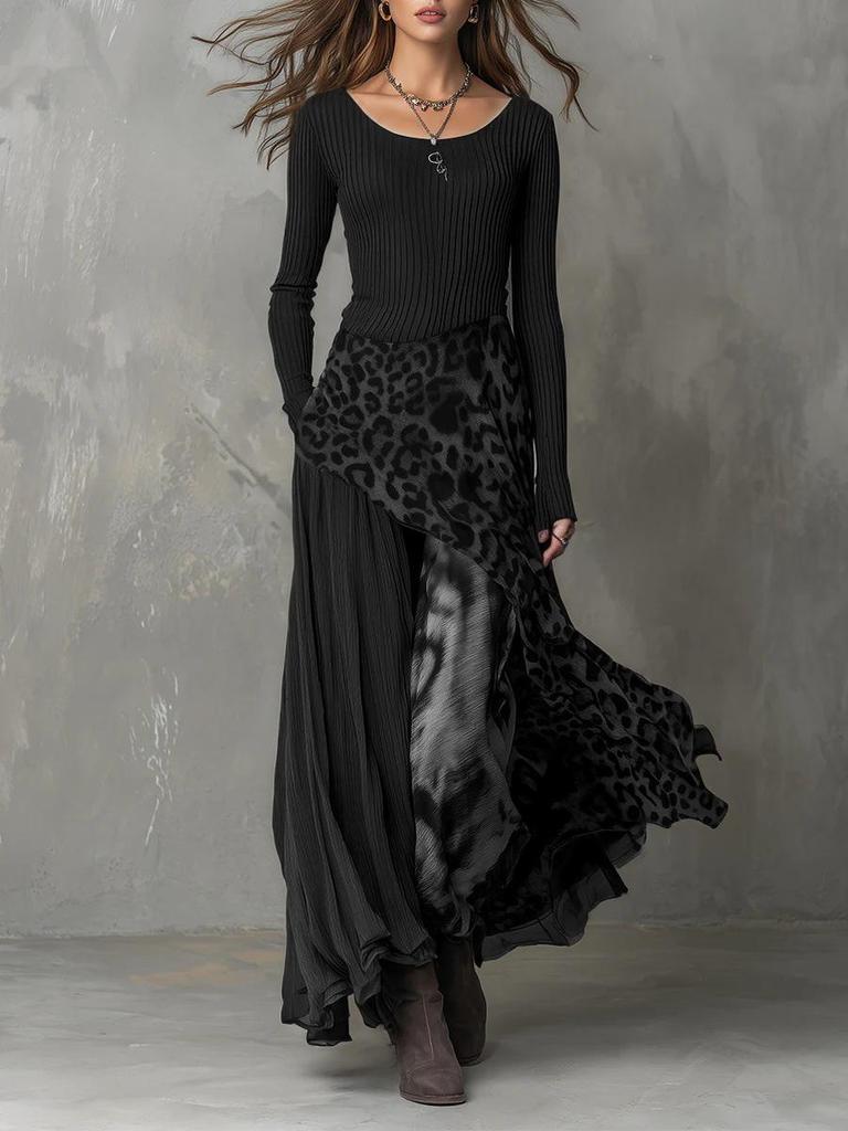 Stylish Leopard Print Patchwork Dress with Elastic Waist and Long Sleeves, Big Hem 2026