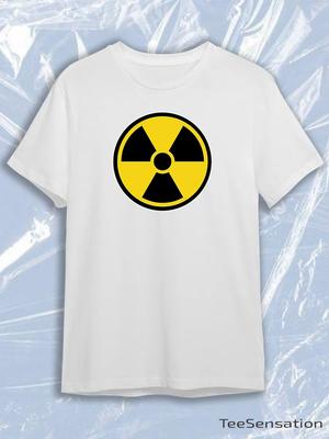 TeeSensation White Crew Neck Short Sleeve T-Shirt with Yellow Black Radiation Trefoil Warning Sign Print