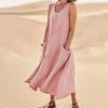 Women's Sleeveless Round Neck Linen Cotton Midi Dress Loose A Line Long Maxi Dress With Side Pockets Casual Beach Vacation Sundress