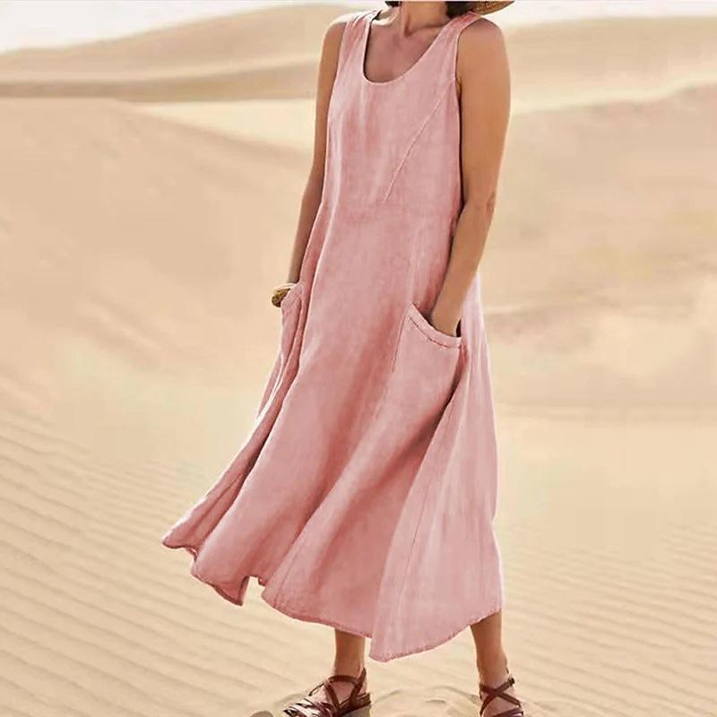 Women's Sleeveless Round Neck Linen Cotton Midi Dress Loose A Line Long Maxi Dress With Side Pockets Casual Beach Vacation Sundress