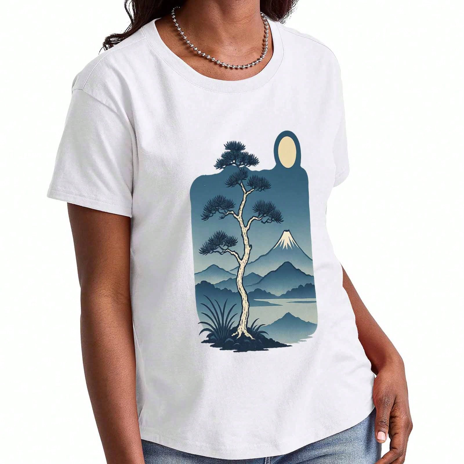 Mount  Cherry Blossom Ladies Cotton T Shirt, Premium Cotton Quality Print, Durable, Casual Fashion. Featuring Scenic Japanese Mt  And Delicate Cherry S разноцветный