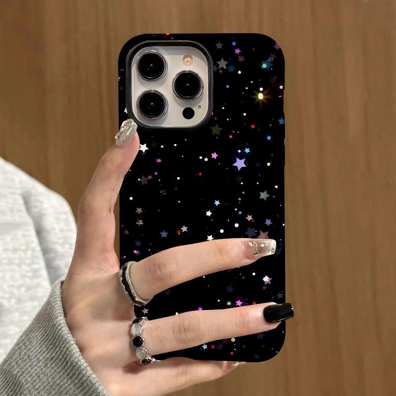 Sublimation Coated Glossy Phone Case Hard Plastic +TPU Soft TPU Shell Shiny Stars Black Patterned Full Protective Back Cover for iPhone Samsung