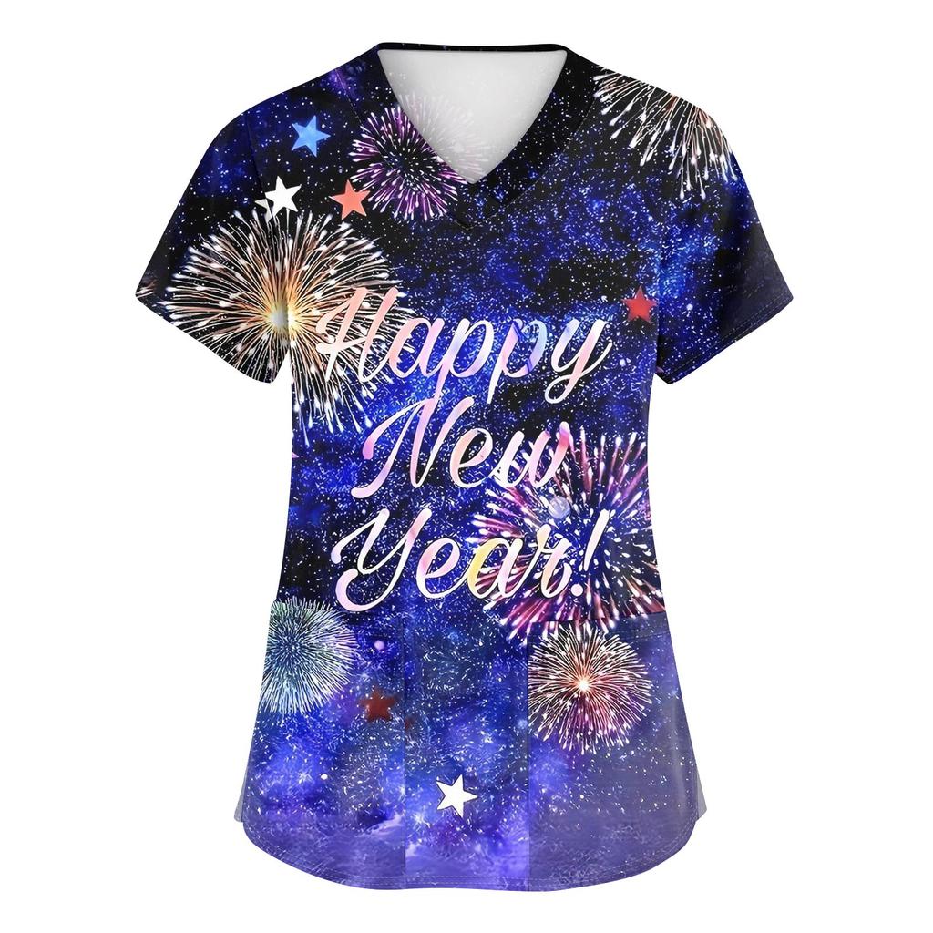 Women's Fashion Printed Short Sleeve V Neck Pattern Tops Pocket Working T-shirts