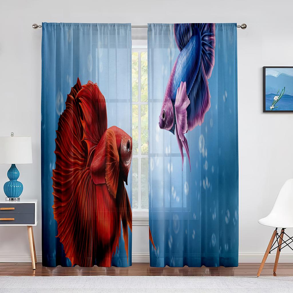 Koi Fish Ink Painting Goldfish Sheer Voile Curtains Window Treatment Chiffon Tulle Curtain for Kitchen Living Room Bedroom Drape