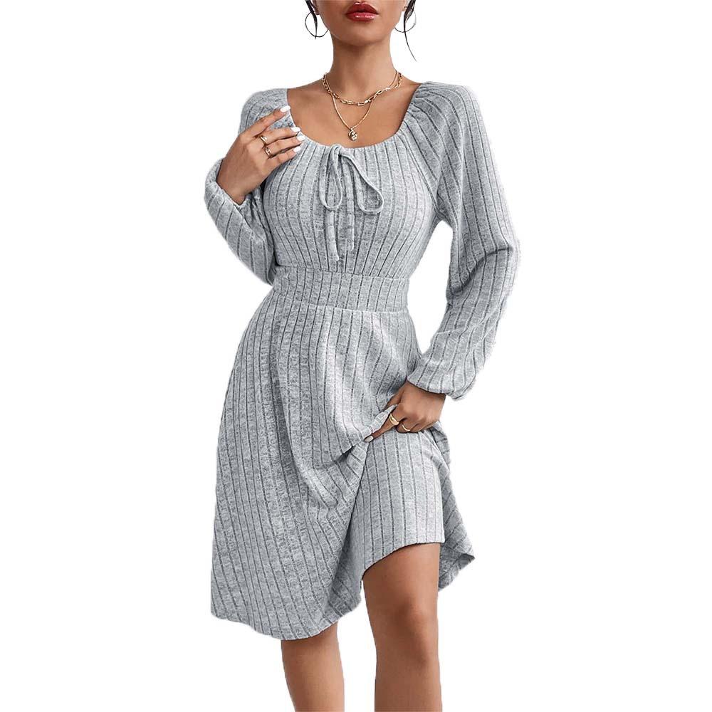 Autumn And Winter Square Neck Waist Large Hem Solid Colour Fashion Pit Stripe Long Sleeve Dresses