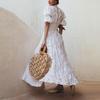 Damen Sommerkleid mit tiefem V-Ausschnitt, Puffärmeln, Spitze, hohl, schmal, lange Kleider