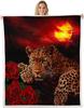 Leopard with Roses Blanket Wildlife Art Fleece Throw Sunset Background Animal Print Decor Cozy Home Textile