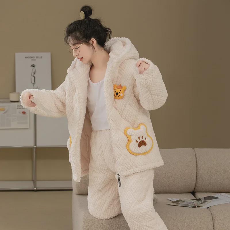 Women's Winter Pajama Set - Three-Layer Quilted, Thick Velvety Coral Fleece, Warm & Cute Bear Design