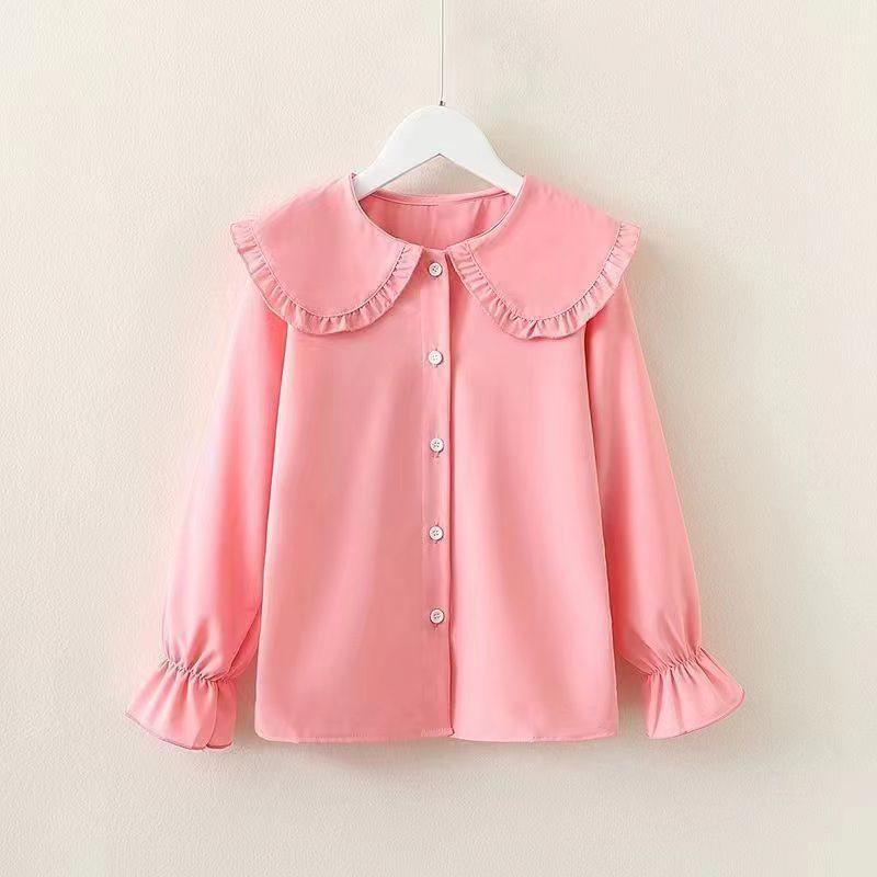 Autumn White Girls' Peter Pan Collar Long Sleeve Shirt - Fashionable Top for Big Kids and Students