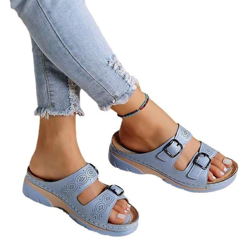 Large size muffin platform women's slippers summer new one-word belt buckle sewing line round head slippers