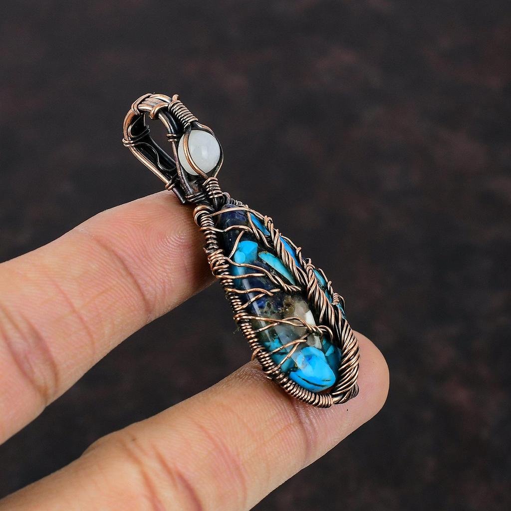 Tree Of Life Copper Blue Turquoise Pendant Copper Wire Wrapped Moonstone Pendant Handmade Women Jewelry Gemstone Copper Jewelry Gift For Her