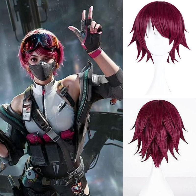

Arknights Exusiai Cosplay Wig, Wine Red Short Spiky Heat Resistant Synthetic Hair