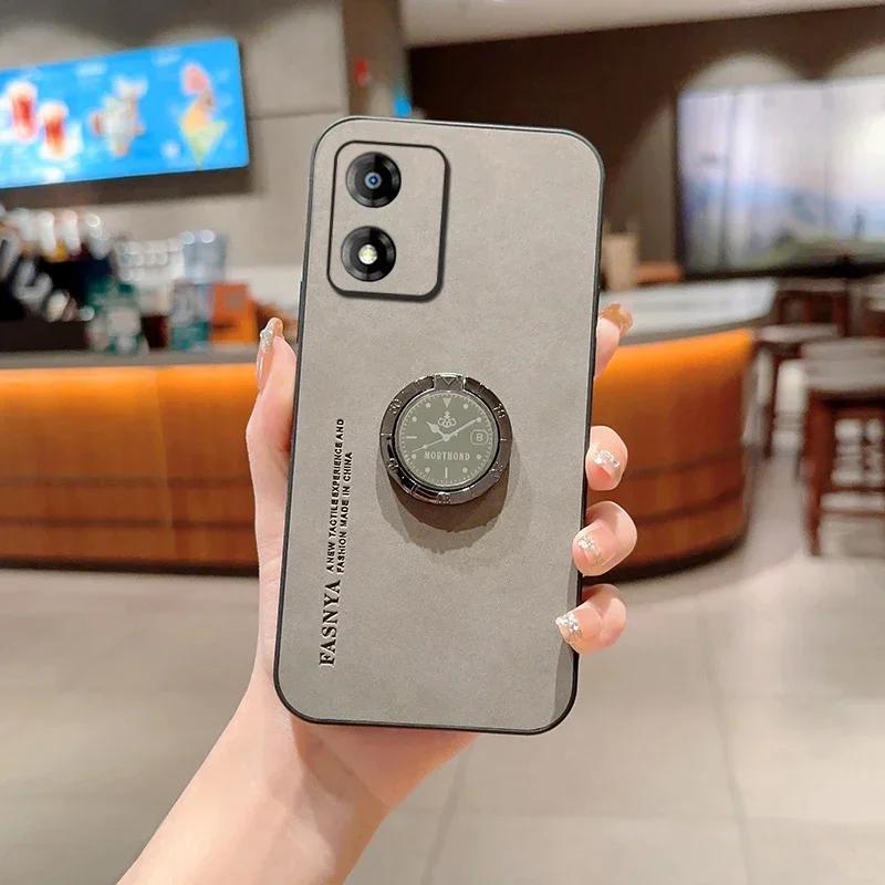Sheepskin Leather Ring Stand Holder Phone Case For Motorola Moto G85 E13 5G E14 Matte Lens Protection Shockproof Back Cover