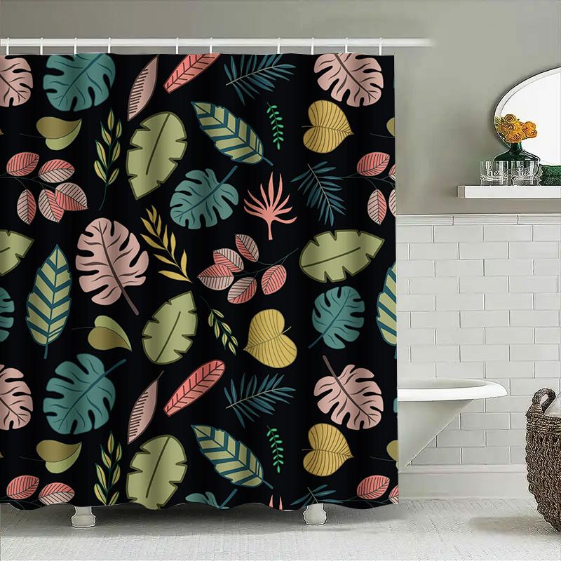 Summer Leaves Shower Curtain Bath Decor Greenery Print For Bathroom Waterproof Fabric Black Background With Multi-Color Leaf Des