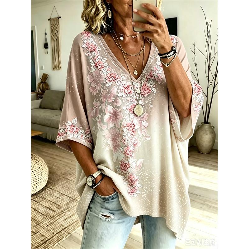 Übergrößen Damen V-Ausschnitt Fledermausärmel T-Shirt Bohemian Ethnischer Druck Lockerer Oberteil Sommer Bequem Atmungsaktiv Tägliches Pendeln Lässig Schlankmachender Stil