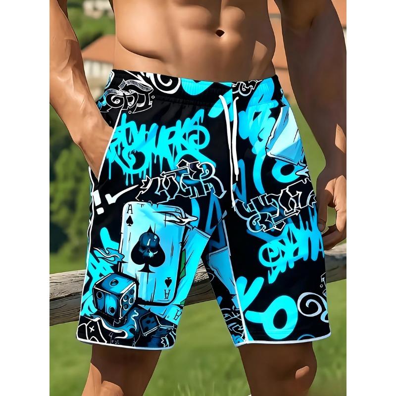 American Men's Summer Poker Sieve Mother Graffiti Printed Soft Breathable Drawstring Shorts Outdoor Street Style Pants