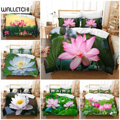 Juego de funda de edredón con estampado floral de loto, juego de cama con estampado de flores de hibisco rosa para niñas y mujeres, tema de la naturaleza