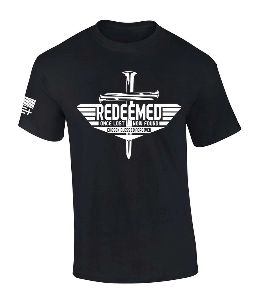 Men's Christian T-Shirt Redeemed Once Lost Now Found Chosen Blessed Forgiven