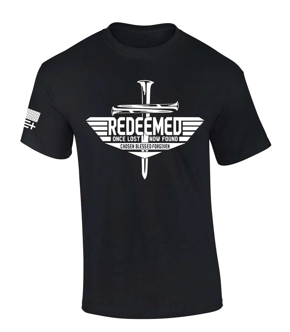Men s Christian T-Shirt Redeemed Once Lost Now Found Chosen Blessed Forgiven S