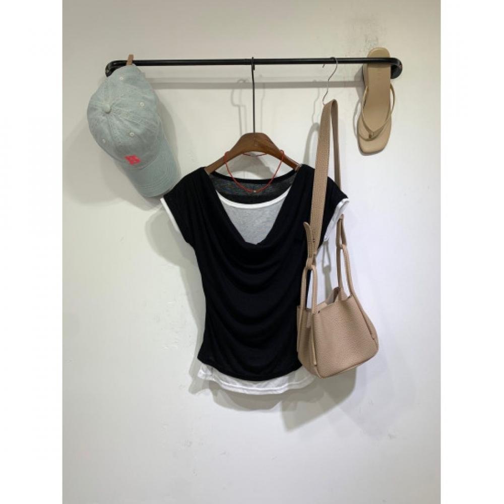 C S In The Room Women Layered Draped neCk Cap Sleeve T ShirT 3Color