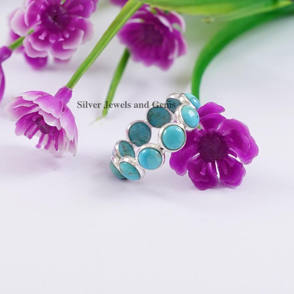 Dainty Kingman Turquoise Eternity Ring: 925 Sterling Silver Handmade Round Gemstone Ring, Multi Stone Ring