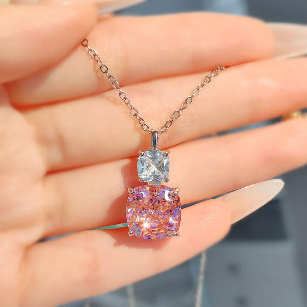 Pink Diamond Necklace with Purple Pendant, Stud Earrings, Ring, and Coloured Gemstone Set for Women