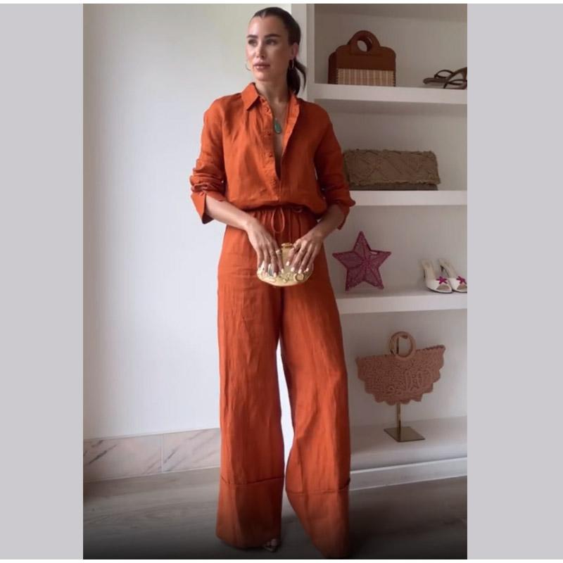 Bavlněná lněná dámská kalhotová souprava ležérní volná jednobarevná knoflíková košile kalhoty outfit léto dámský denní šik volné kalhoty oblek nový