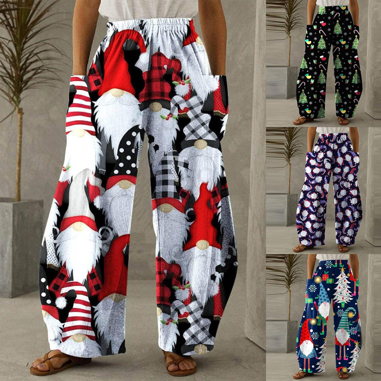 

Женская мода Рождество Санта-Клаус Снеговики Принт Повседневные свободные брюки Большие размеры свободные брюки L синий