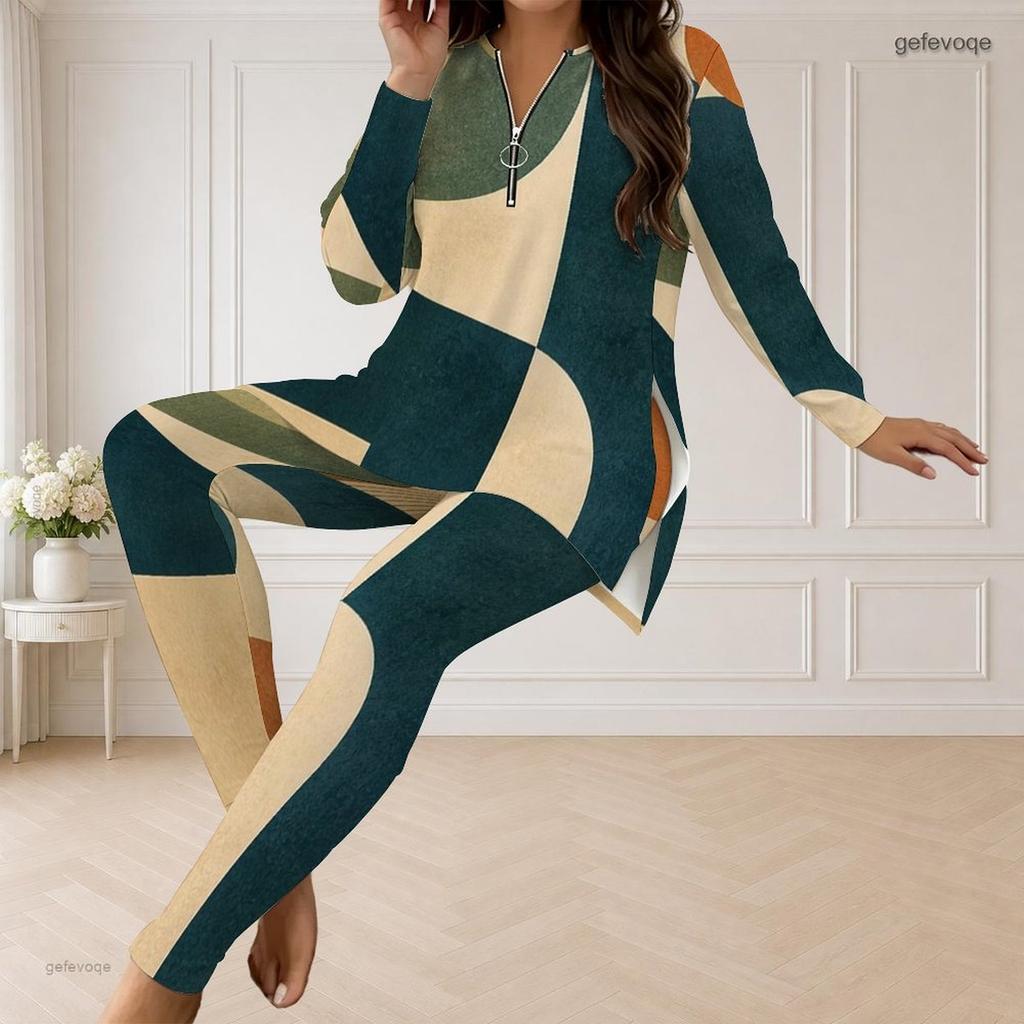Women Plus Size Printed Half Zip Long Sleeve Longline Top Fitted Pants Two Piece Set