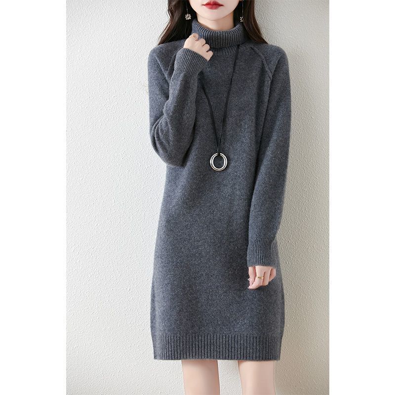 Pile collar warm bottom pullover sweater skirt women's autumn and winter new medium and long inner thick knitted sweater dress women